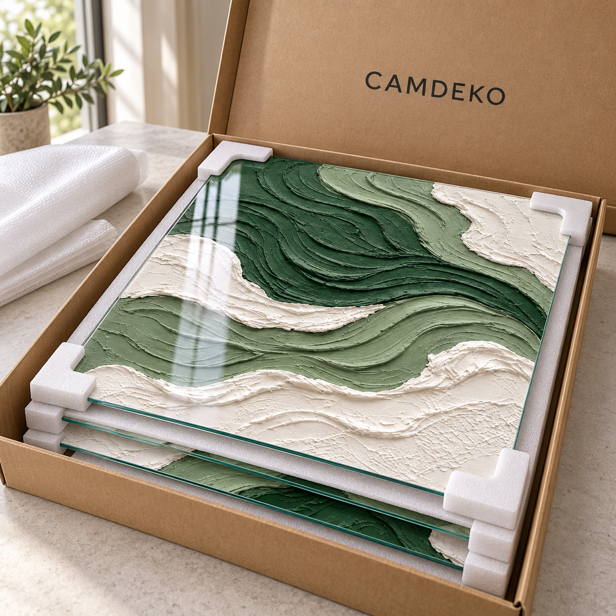 CAMDEKO adaçayı yeşili ve kırık beyaz dalgalar üçlü cam tablo — CAMDEKO koruyucu kraft paketleme