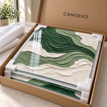CAMDEKO adaçayı yeşili ve kırık beyaz dalgalar üçlü cam tablo — CAMDEKO koruyucu kraft paketleme