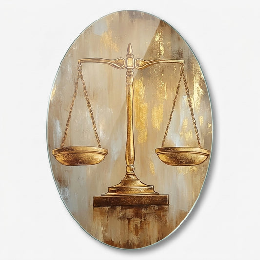 Modern Altın Adalet Terazisi Sanat Eseri Oval Dikey Cam Tablo