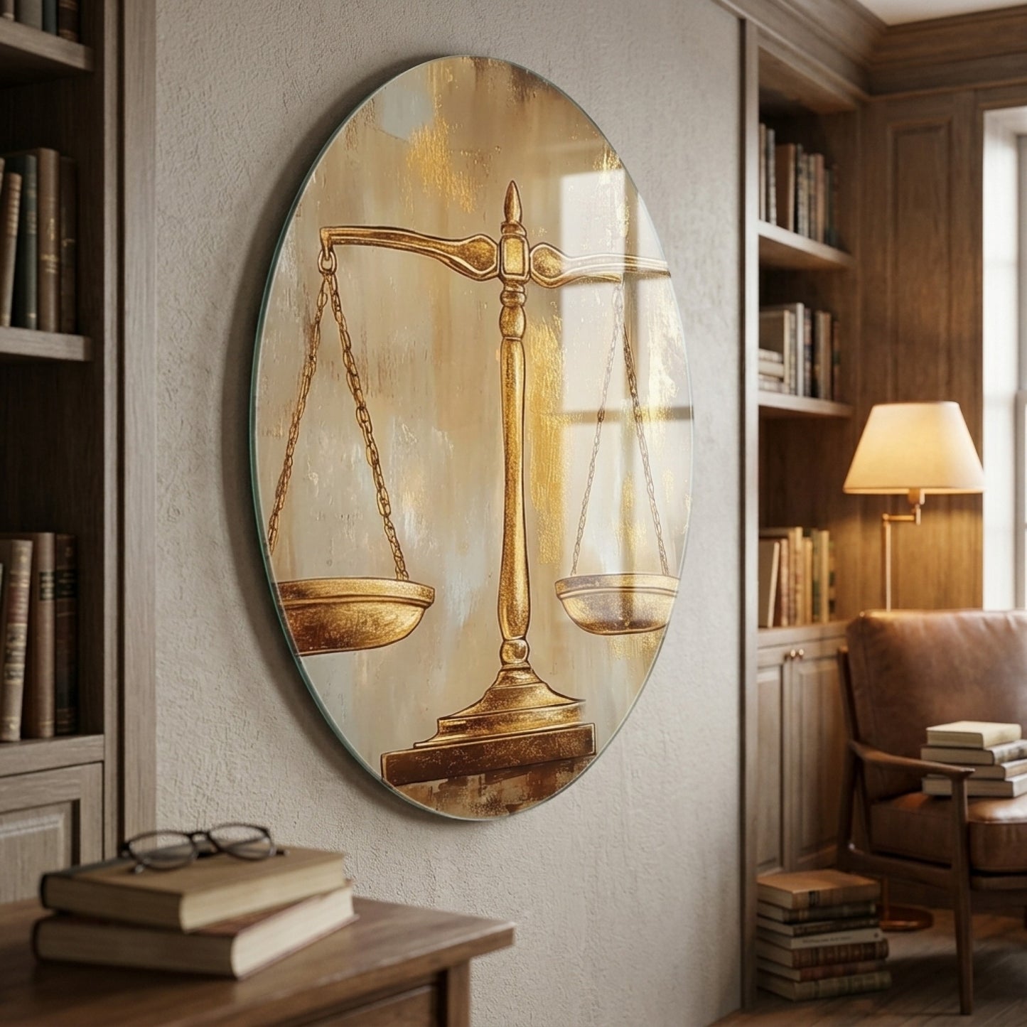 Modern Altın Adalet Terazisi Sanat Eseri Oval Dikey Cam Tablo