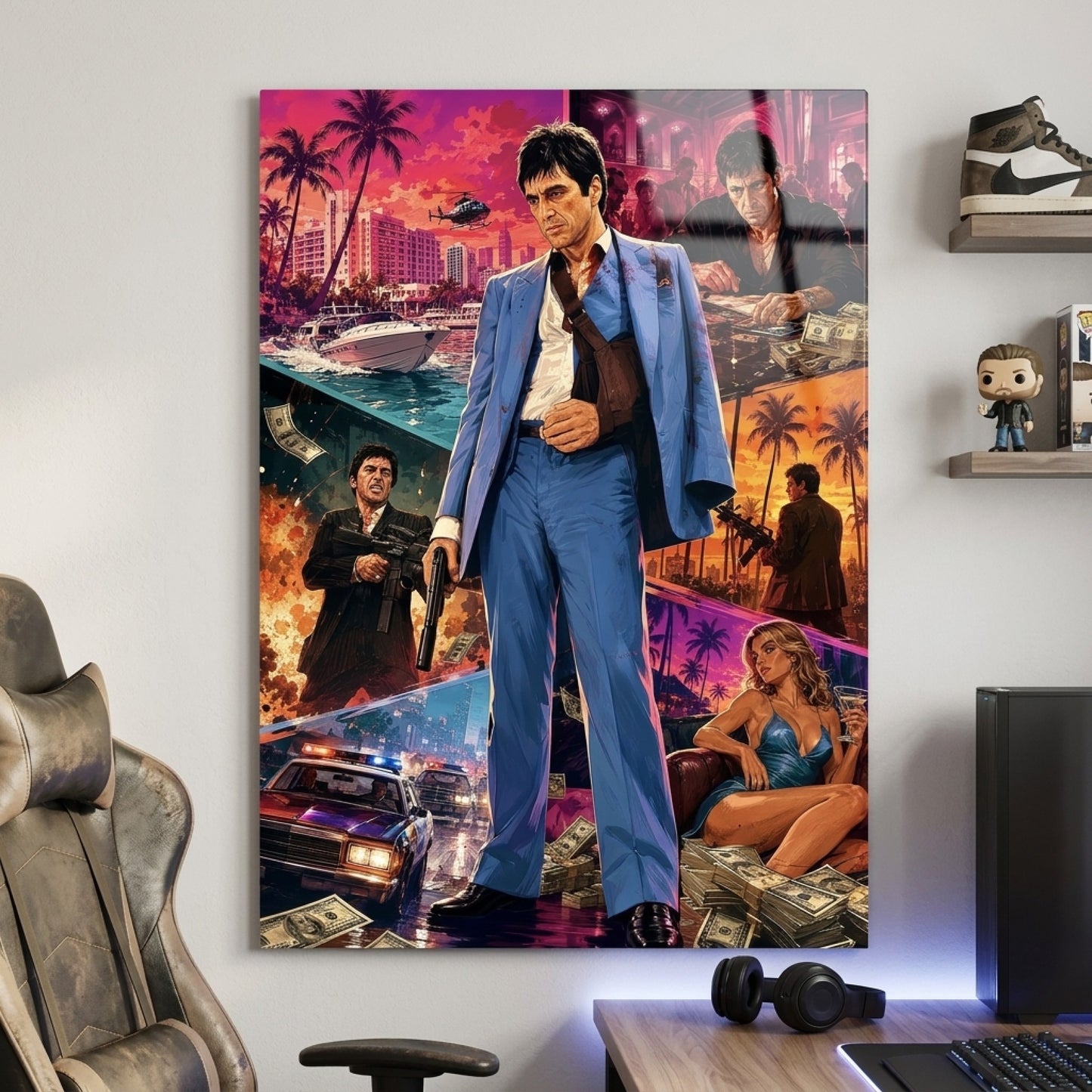 Tony Montana Mavi Takım Elbise Kolajı Dikey Cam Tablo