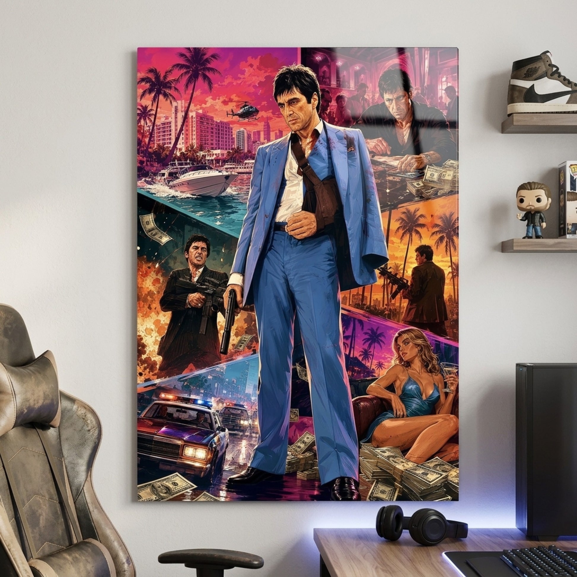 Tony Montana Mavi Takım Elbise Kolajı Dikey Cam Tablo