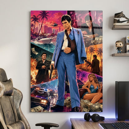 Tony Montana Mavi Takım Elbise Kolajı Dikey Cam Tablo