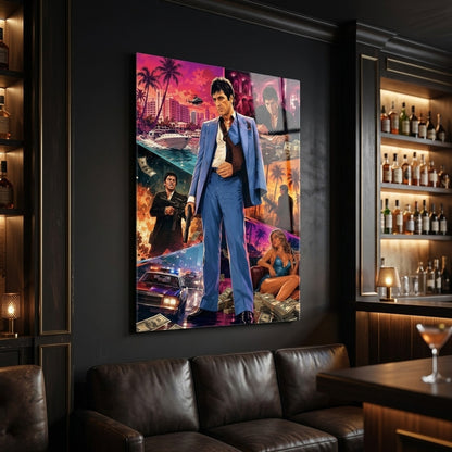 Tony Montana Mavi Takım Elbise Kolajı Dikey Cam Tablo