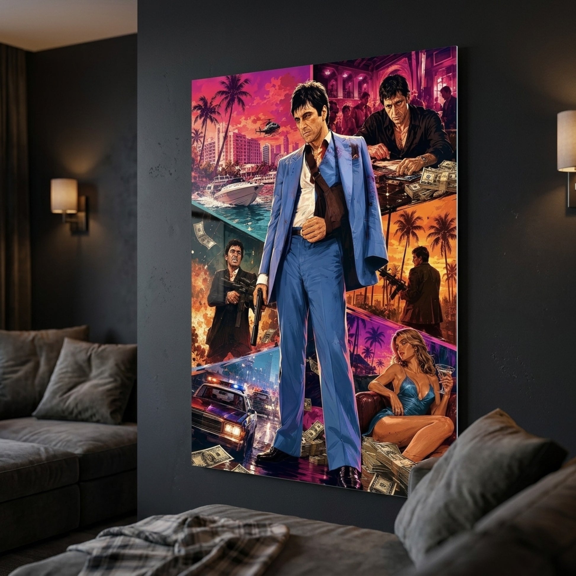 Tony Montana Mavi Takım Elbise Kolajı Dikey Cam Tablo