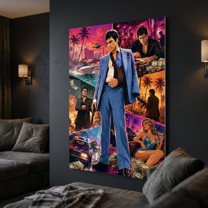 Tony Montana Mavi Takım Elbise Kolajı Dikey Cam Tablo