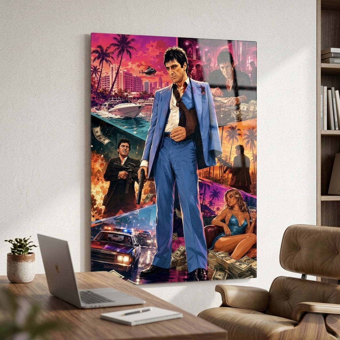 Tony Montana Mavi Takım Elbise Kolajı Dikey Cam Tablo