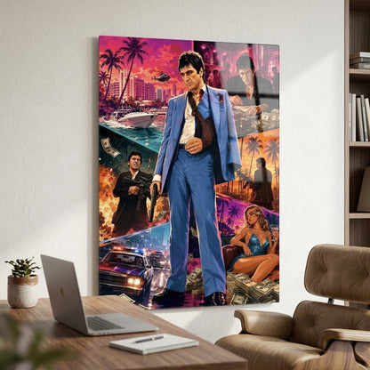 Tony Montana Mavi Takım Elbise Kolajı Dikey Cam Tablo