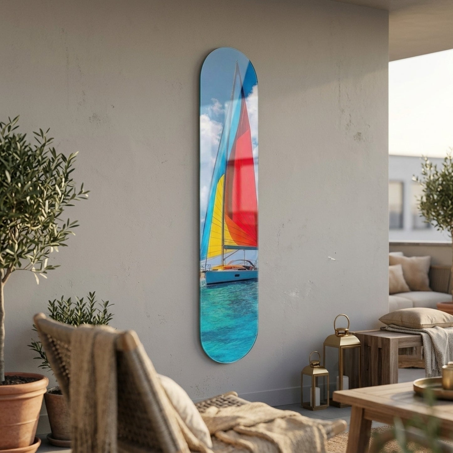 Turkuaz Denizde Renkli Yelkenli Tekne Manzarası Skate Board Cam Tablo