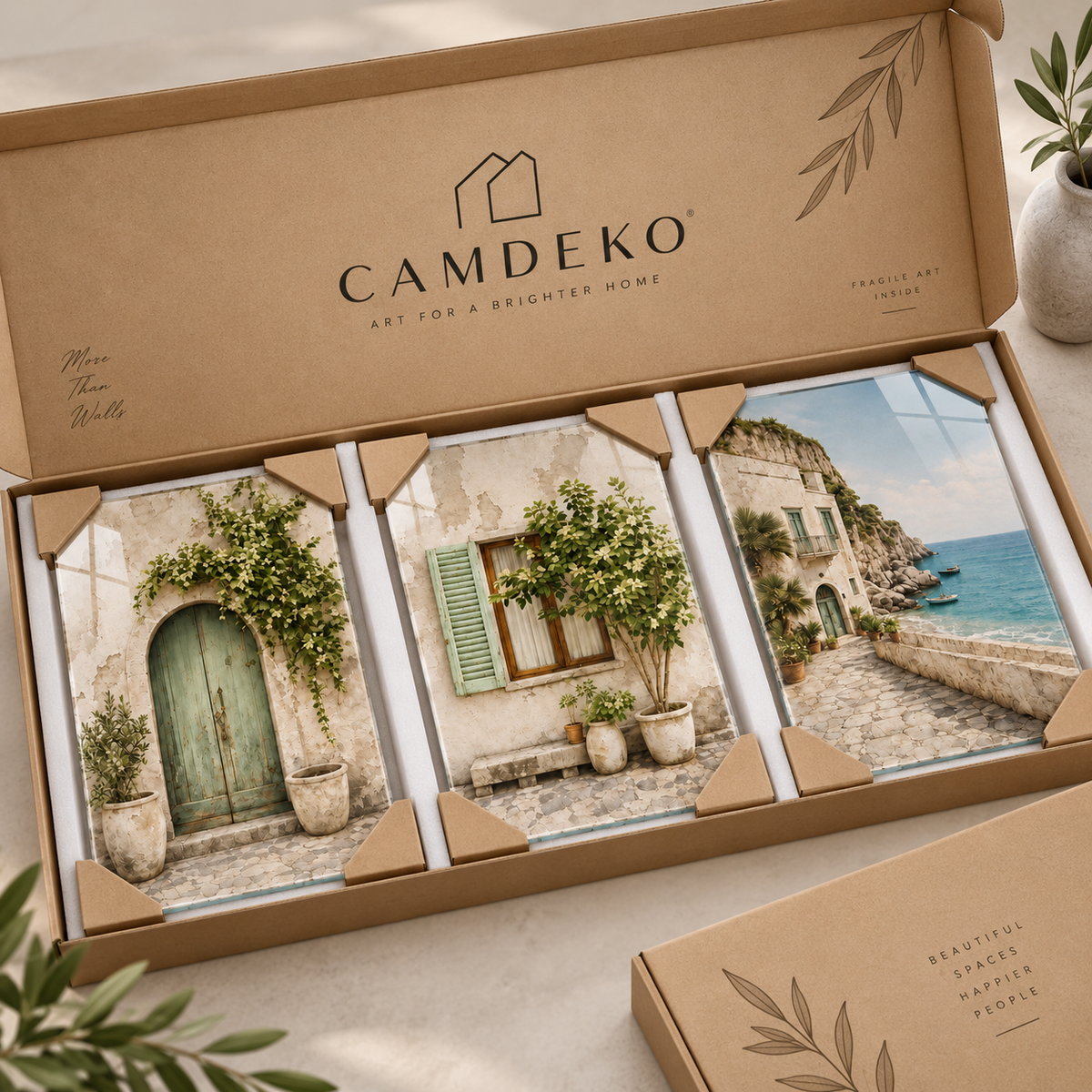 CAMDEKO Akdeniz temalı üçlü cam tablo korumalı kraft paketleme