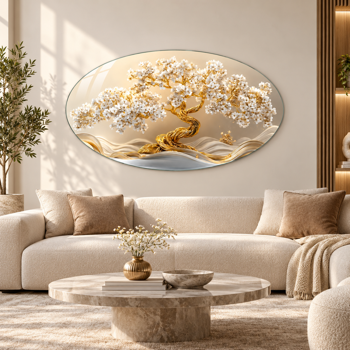 Altın gövdeli beyaz çiçekli ağaç oval yatay cam tablo yeni oval form salon
