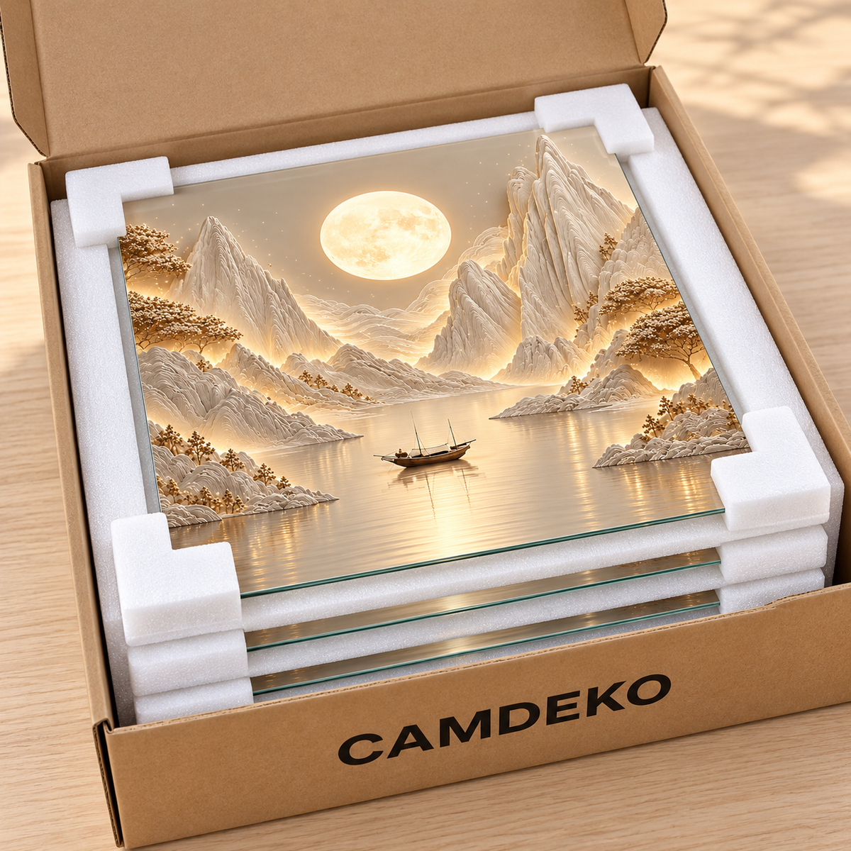 CAMDEKO altın güneşli dağ ve tekne üçlü cam tablo – CAMDEKO koruyucu paketleme