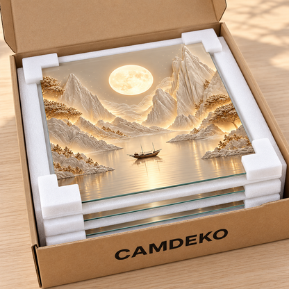 CAMDEKO altın güneşli dağ ve tekne üçlü cam tablo – CAMDEKO koruyucu paketleme