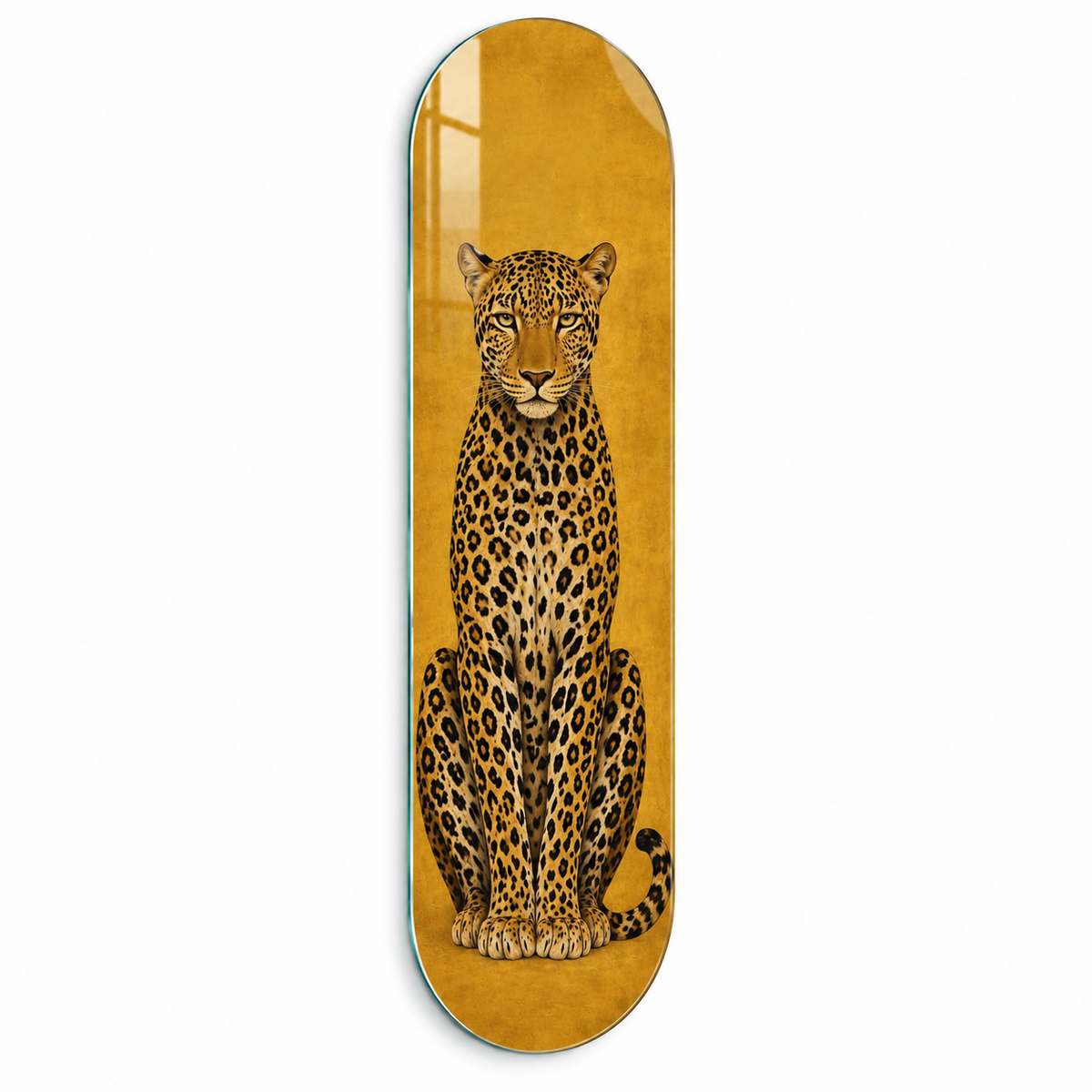 Altın zeminli leopar Skate Board cam tablo - beyaz zemin