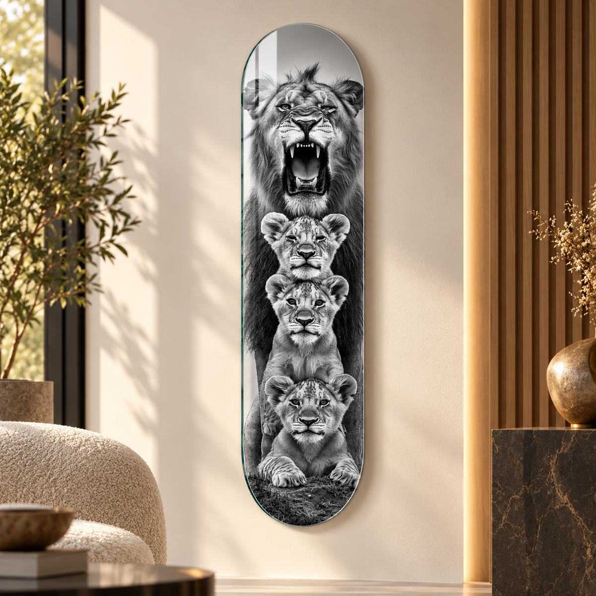 Kükreyen aslan ve yavruları Skate Board cam tablo - premium mekan