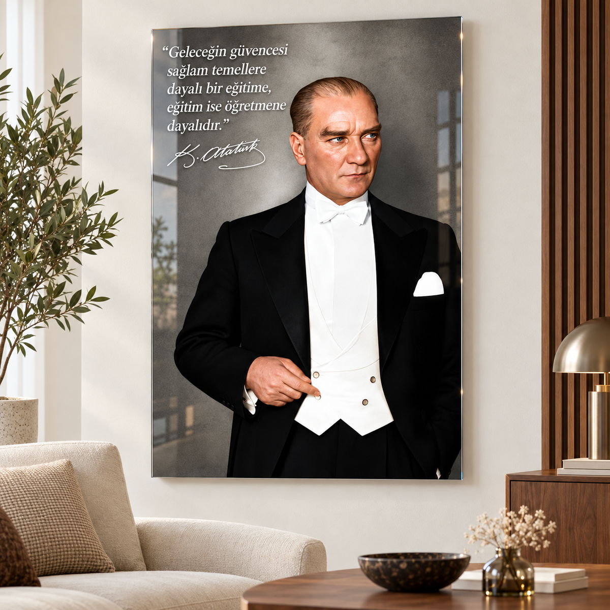 Atatürk Eğitim Sözlü Dikey Cam Tablo - Premium salon