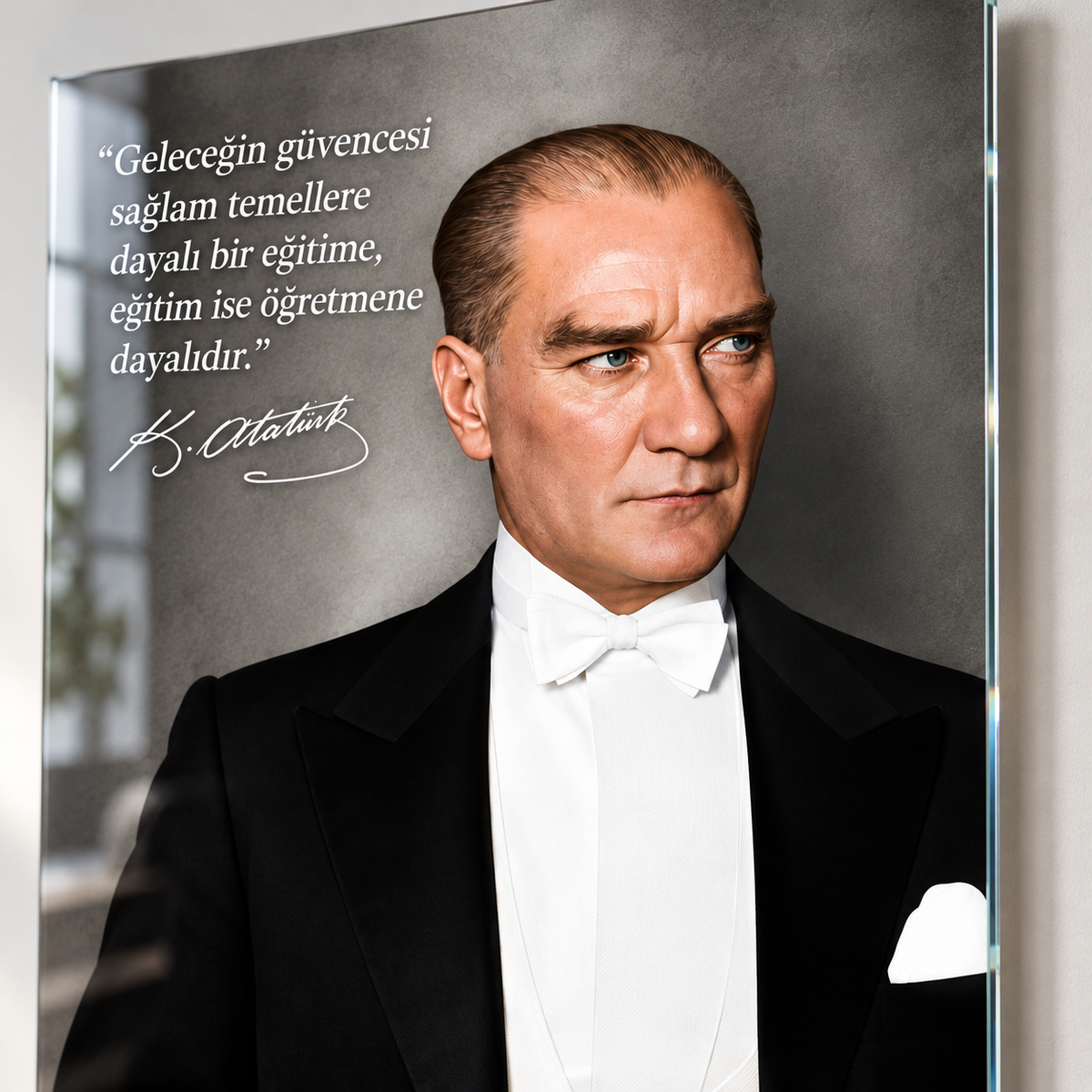 Atatürk Eğitim Sözlü Dikey Cam Tablo - UV baskı detayı
