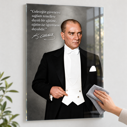 Atatürk Eğitim Sözlü Dikey Cam Tablo - Kolay temizlik
