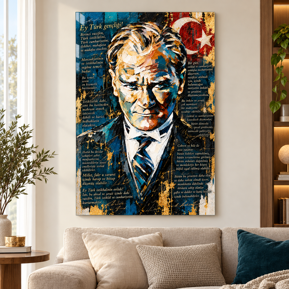 Atatürk ve Gençliğe Hitabe Dikey Cam Tablo - Premium salon