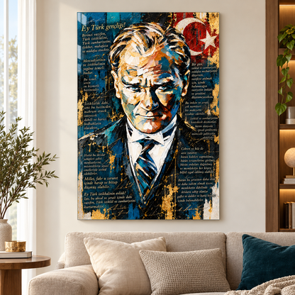 Atatürk ve Gençliğe Hitabe Dikey Cam Tablo - Premium salon