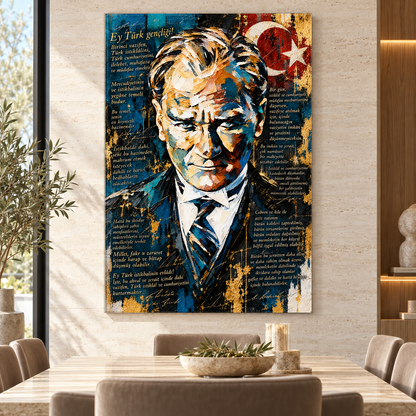 Atatürk ve Gençliğe Hitabe Dikey Cam Tablo - Yemek odası
