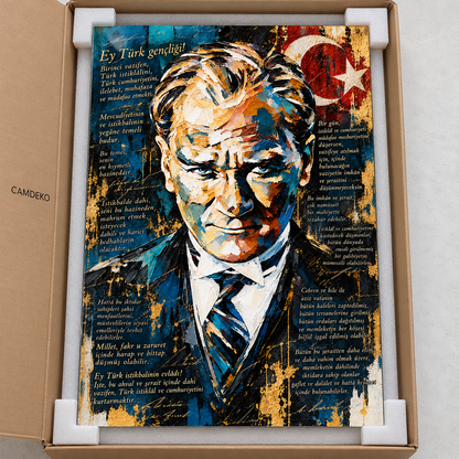 Atatürk ve Gençliğe Hitabe Dikey Cam Tablo - Koruyucu paketleme