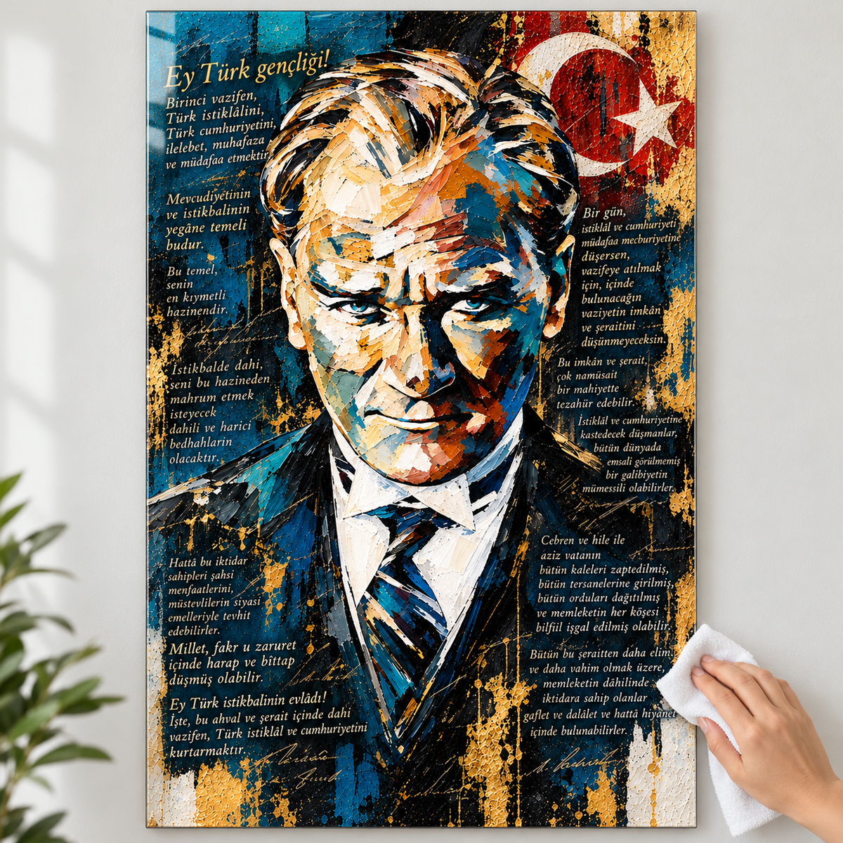 Atatürk ve Gençliğe Hitabe Dikey Cam Tablo - Mikrofiber bezle temizlik
