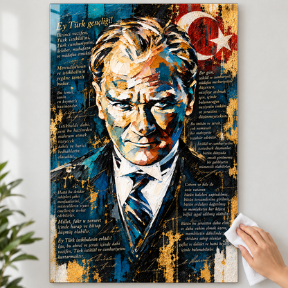 Atatürk ve Gençliğe Hitabe Dikey Cam Tablo - Mikrofiber bezle temizlik