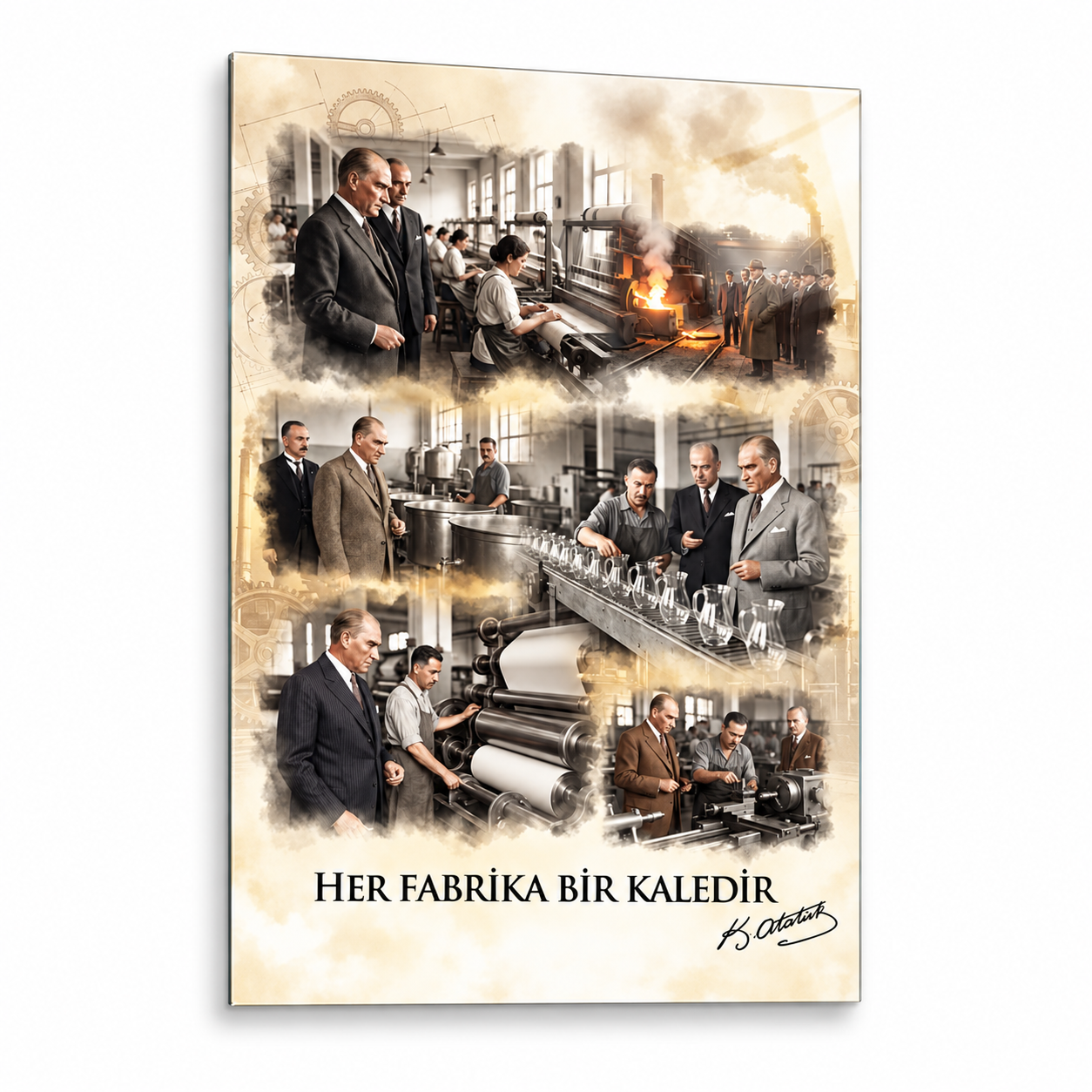 Atatürk Her Fabrika Bir Kaledir dikey cam tablo beyaz vitrin görseli