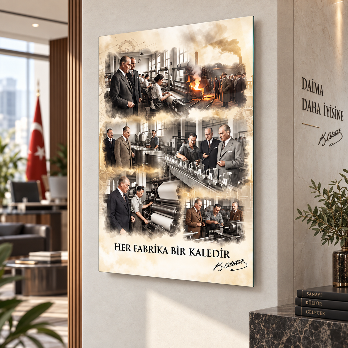 Atatürk Her Fabrika Bir Kaledir dikey cam tablo kurumsal mekan mockup