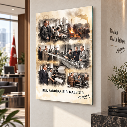 Atatürk Her Fabrika Bir Kaledir dikey cam tablo kurumsal mekan mockup