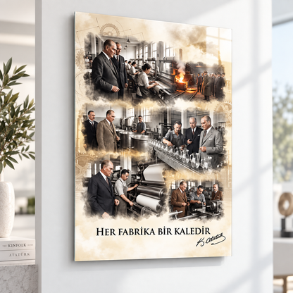 Atatürk Her Fabrika Bir Kaledir dikey cam tablo premium mekan görseli