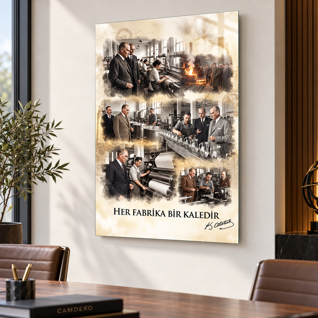 Atatürk Her Fabrika Bir Kaledir dikey cam tablo ofis mockup