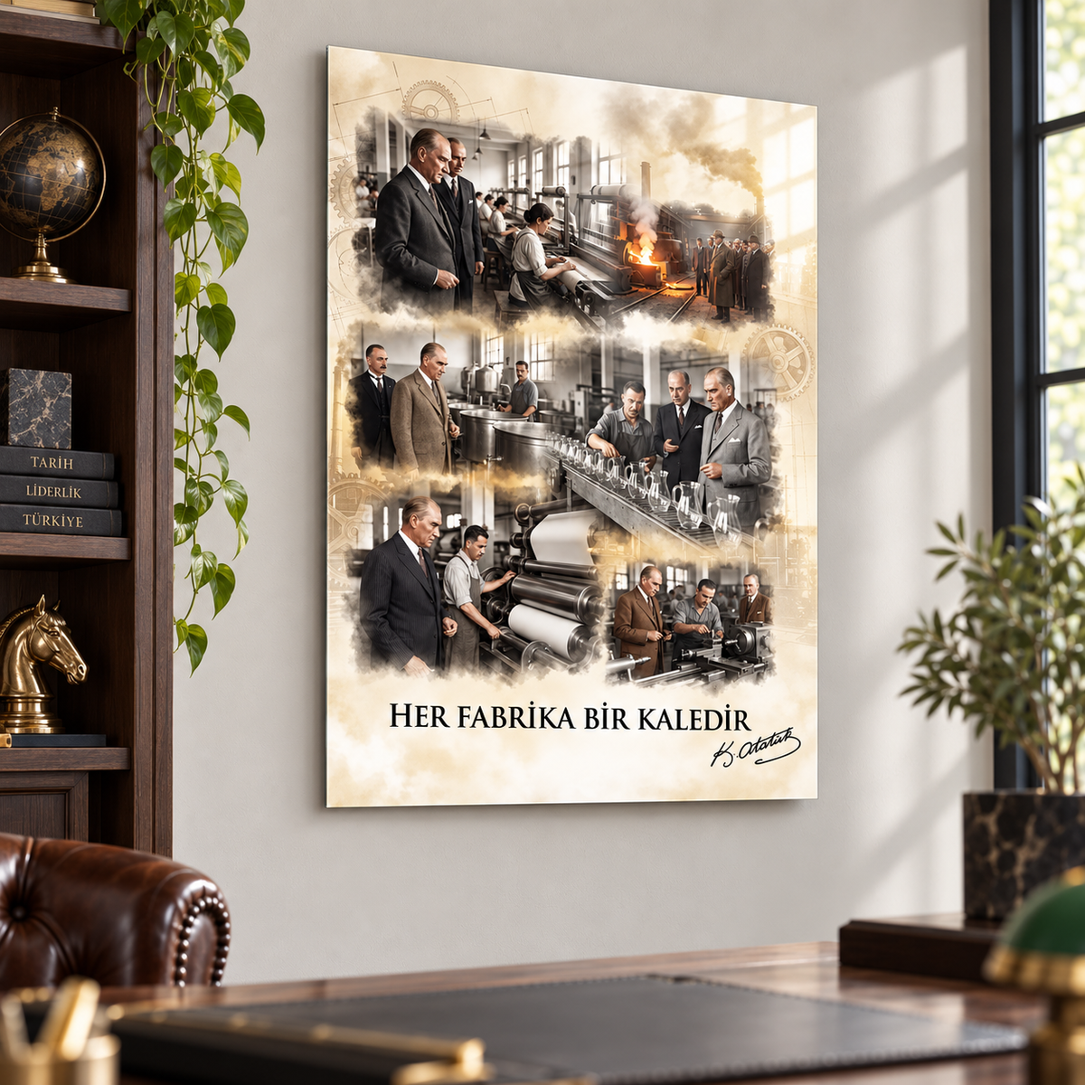 Atatürk Her Fabrika Bir Kaledir dikey cam tablo çalışma odası mockup