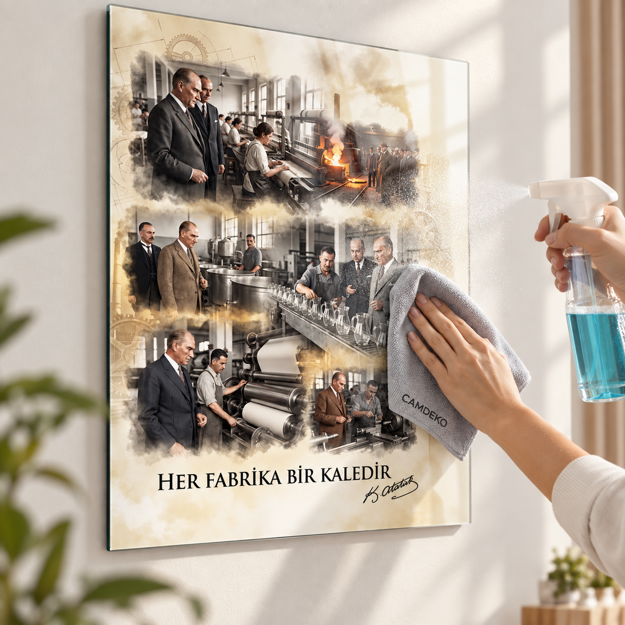 Atatürk Her Fabrika Bir Kaledir cam tablo cam temizleyici ve bezle temizlik detayı