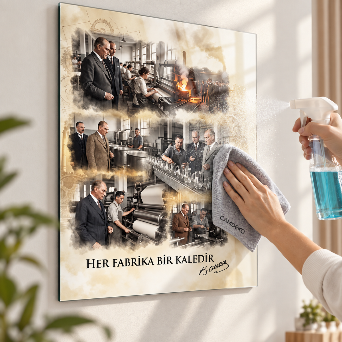 Atatürk Her Fabrika Bir Kaledir cam tablo cam temizleyici ve bezle temizlik detayı