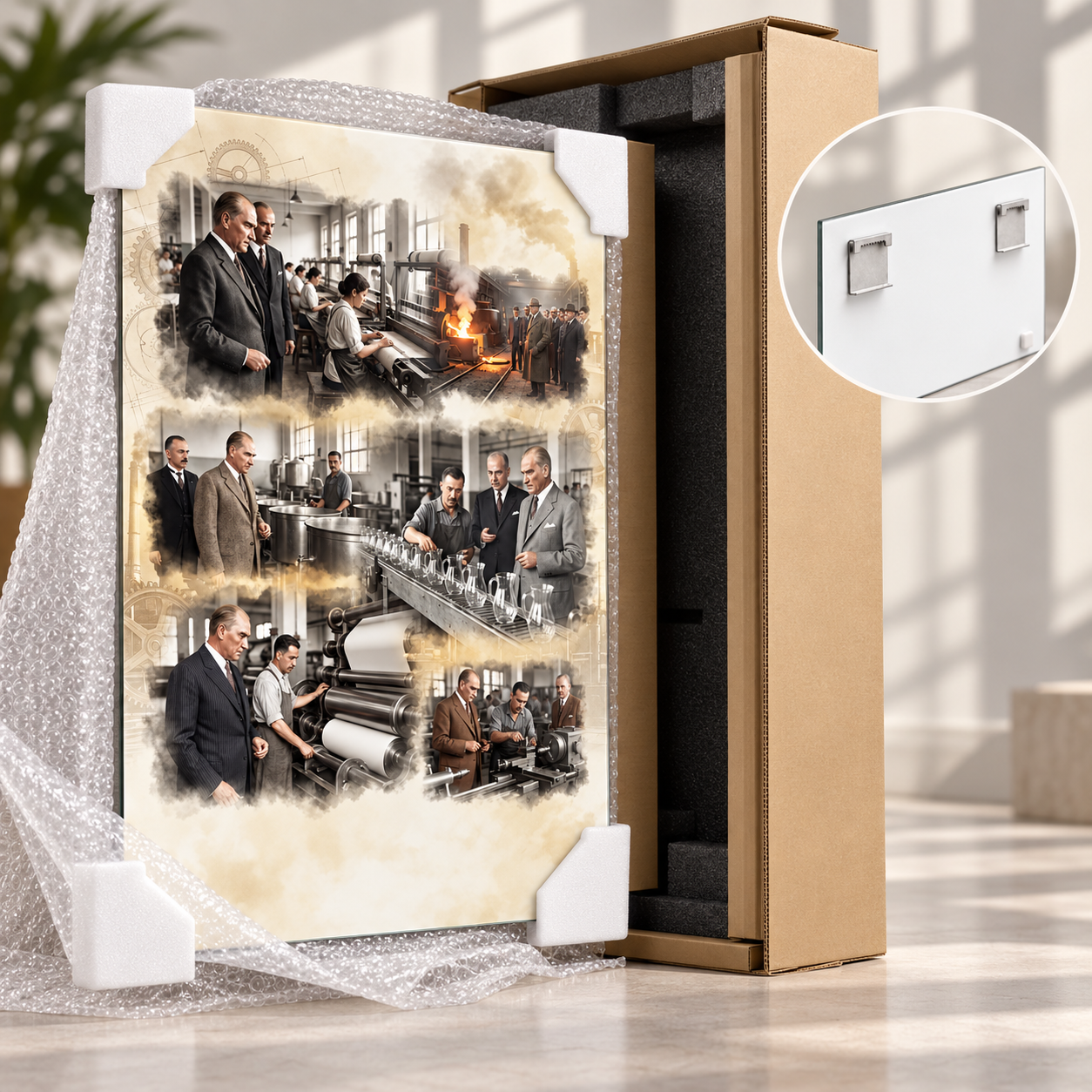 Atatürk Her Fabrika Bir Kaledir cam tablo güvenli paketleme detayı