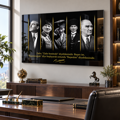 Atatürk portreleri gold detaylı yatay cam tablo yönetici ofisi mockup
