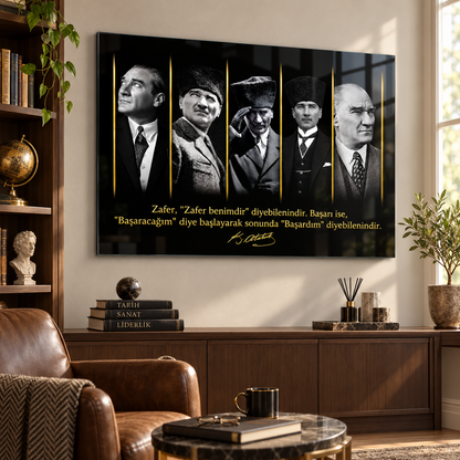 Atatürk portreleri gold detaylı yatay cam tablo şık okuma köşesi mockup