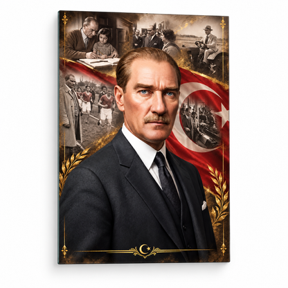 Atatürk Türk bayrağı gold detaylı dikey cam tablo beyaz vitrin görseli