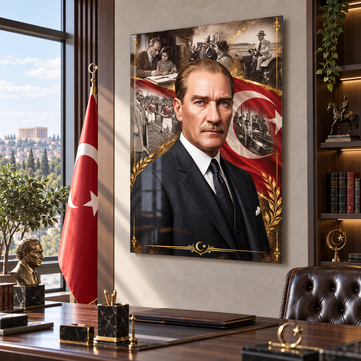 Atatürk Türk bayrağı gold detaylı cam tablo prestijli yönetici ofisi mockup