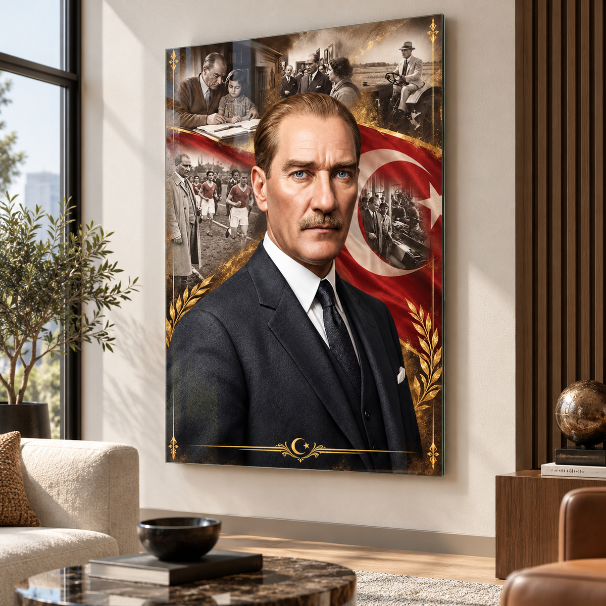 Atatürk Türk bayrağı gold detaylı cam tablo lüks mekan mockup