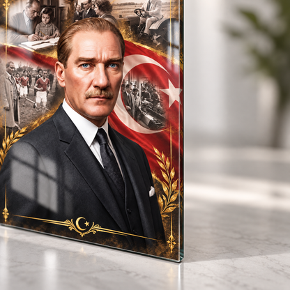 Atatürk Türk bayrağı gold detaylı cam tablo premium mekan uygulaması