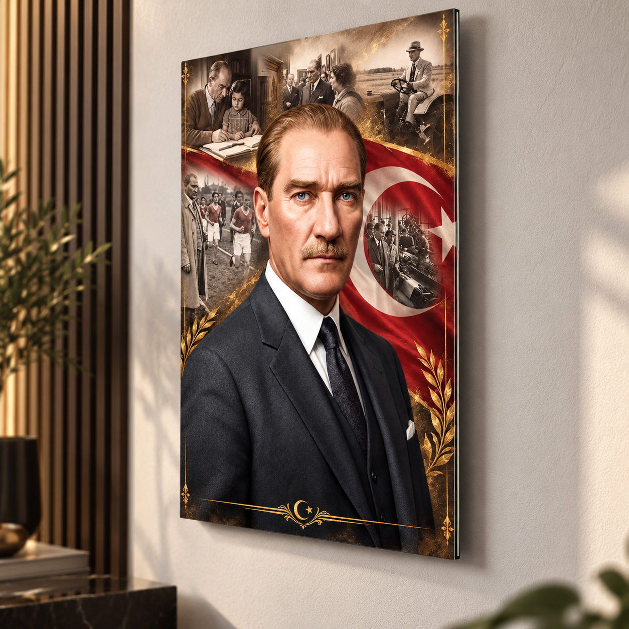 Atatürk Türk bayrağı gold detaylı cam tablo yüzer montaj görünümü