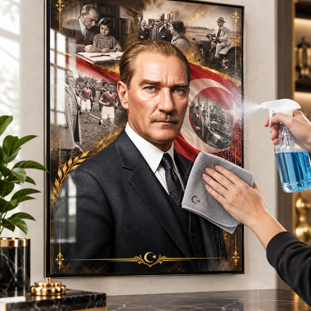 Atatürk cam tablo cam temizleyici ve bezle temizlik detayı
