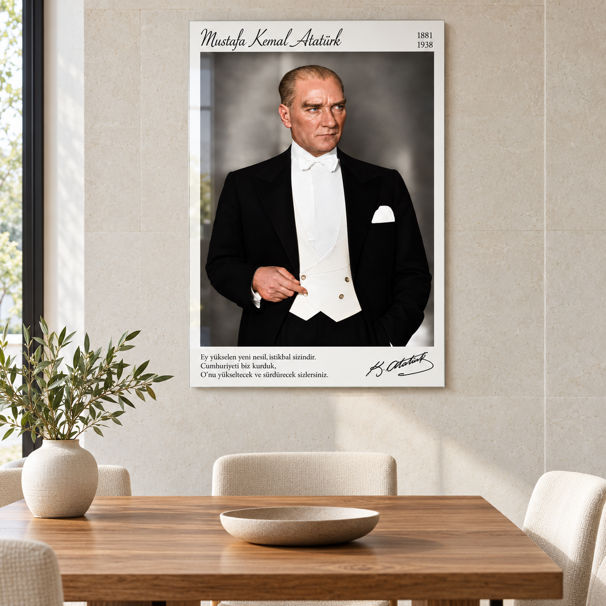 Atatürk’ün Zamansız Portresi Dikey Cam Tablo - Yemek odası