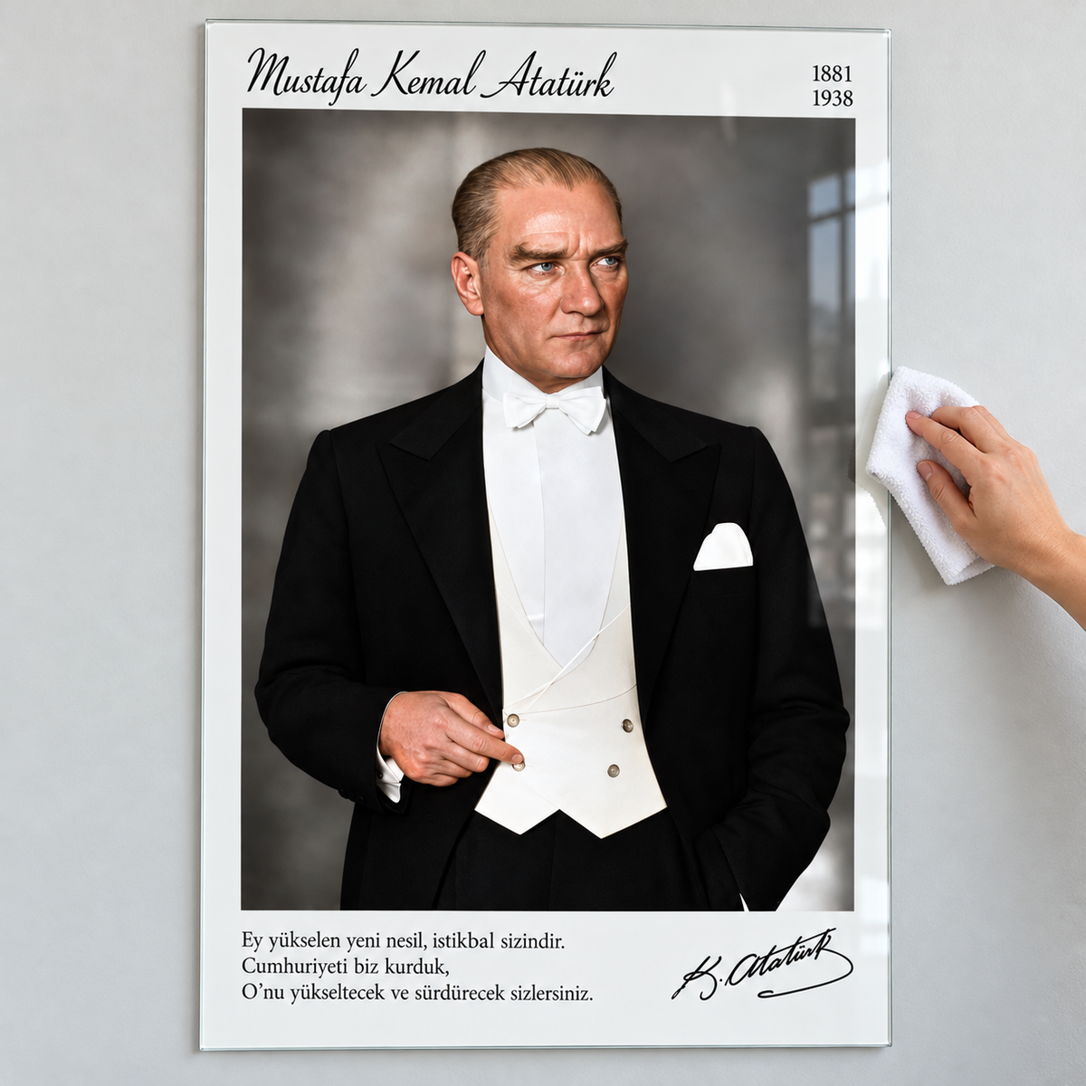 Atatürk’ün Zamansız Portresi Dikey Cam Tablo - Mikrofiber bezle temizlik