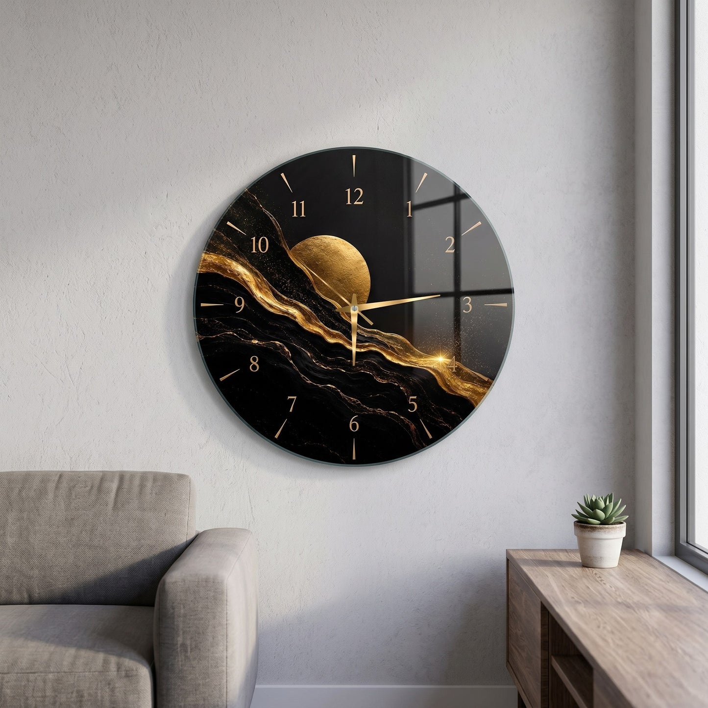 Modern Siyah Altın Cam Saat