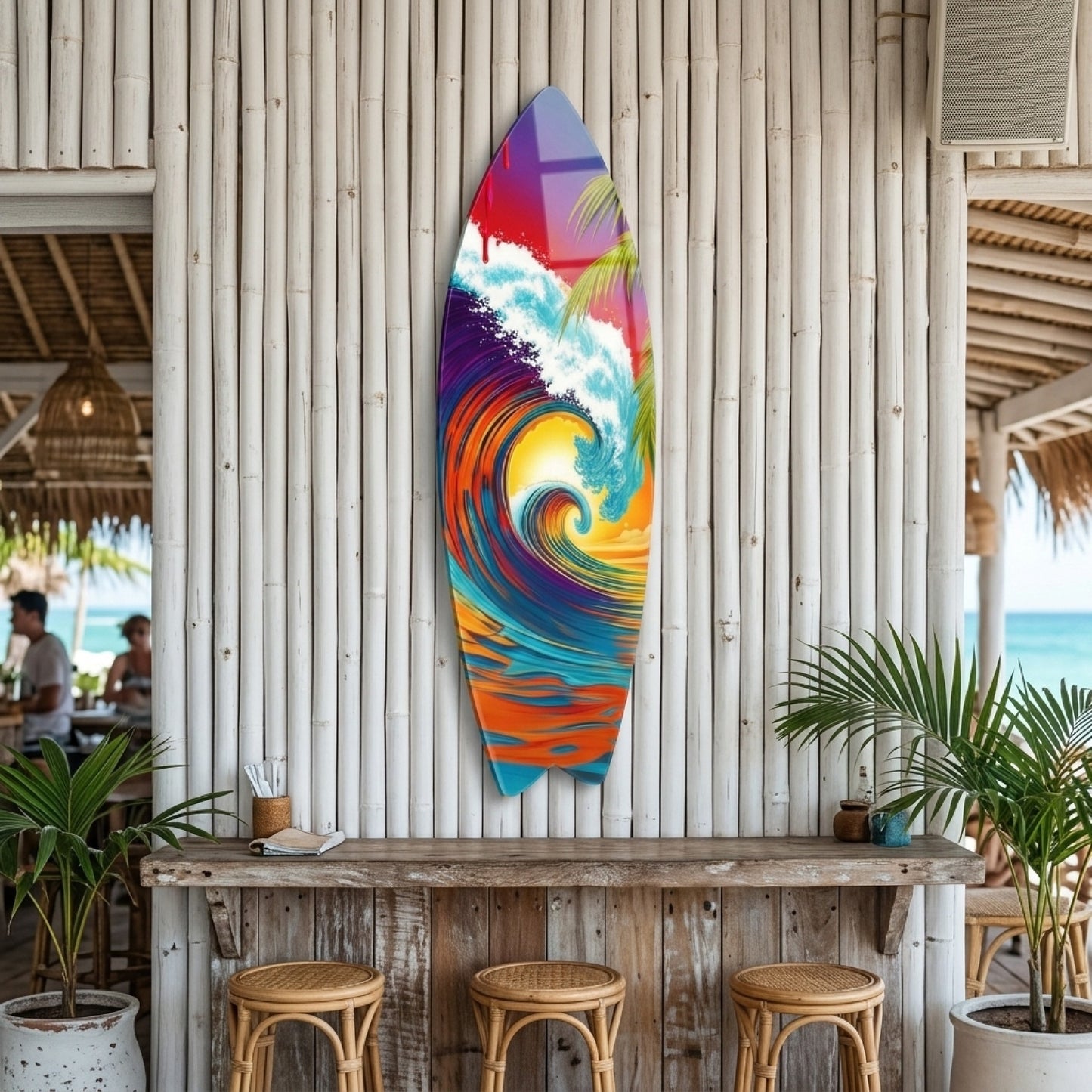 Renkli Tropikal Dalga ve Palmiye Manzarası Surf Board Cam Tablo
