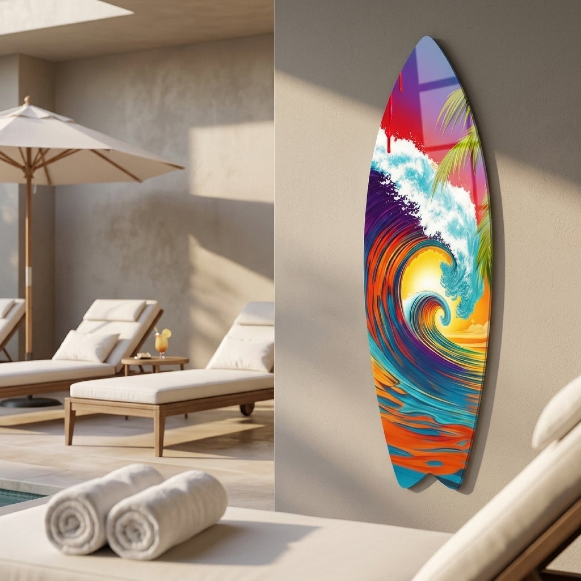 Renkli Tropikal Dalga ve Palmiye Manzarası Surf Board Cam Tablo